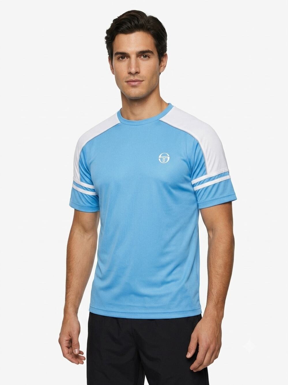 Sergio Tacchini Pino Ringer T-Shirt Mens S Mykonos Blue White Short Sleeve Logo